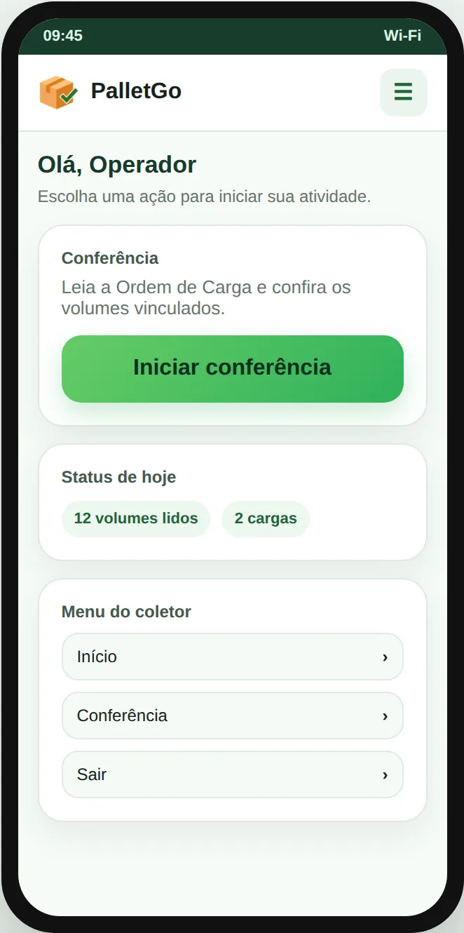 Tela inicial do coletor PalletGo com o botão Iniciar conferência e o status do dia