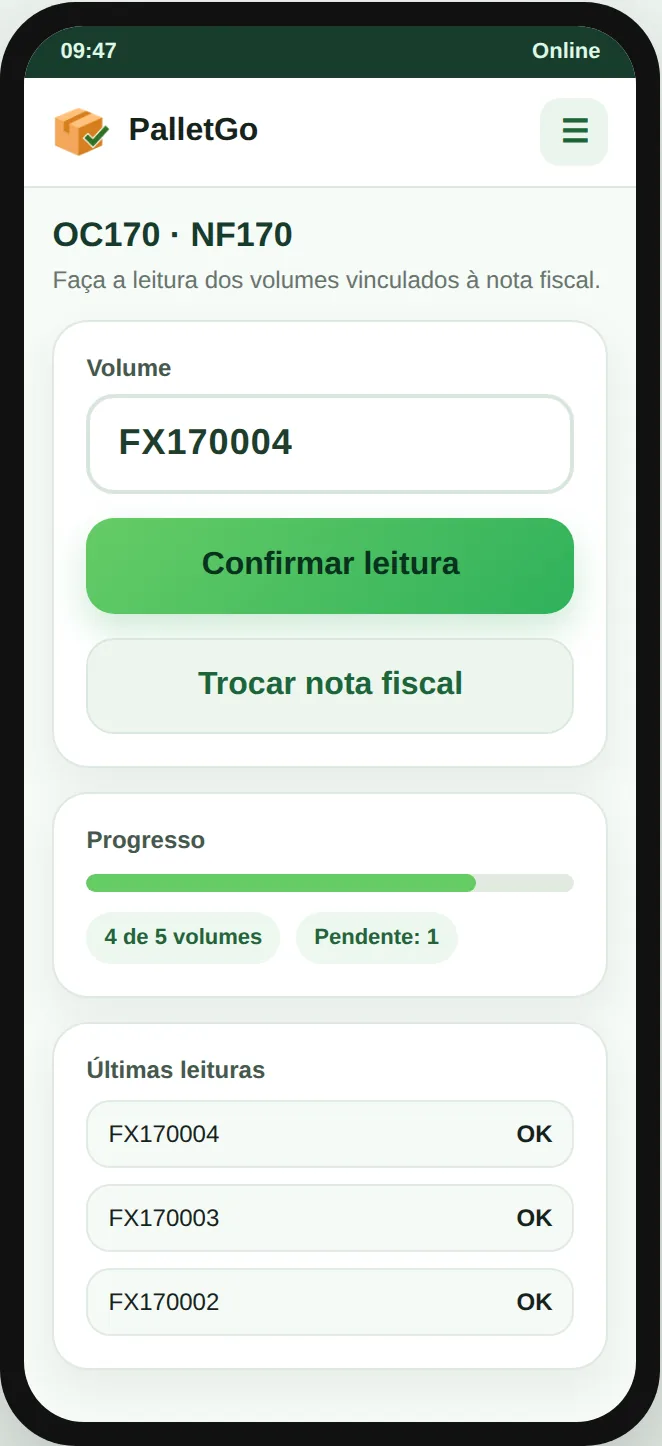 Tela de conferência do PalletGo com leitura de volume, barra de progresso e histórico de leituras