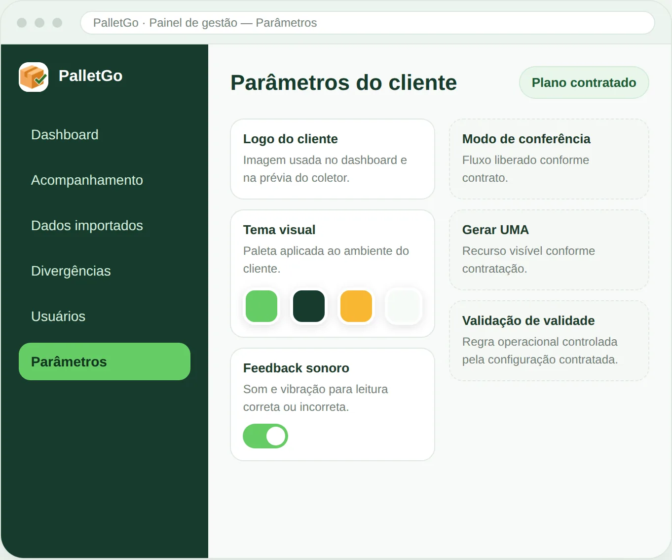 Tela de parâmetros do PalletGo com logo do cliente, tema visual e regras operacionais